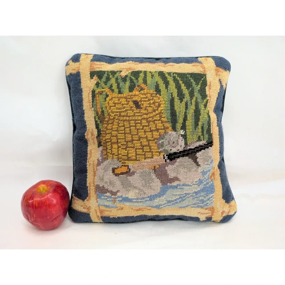VTG Fly Fishing Fish Pillow Needlepoint Creel Outdoor Cottage Lakehouse Wool